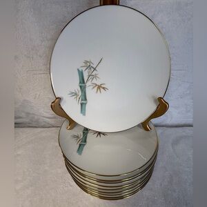 Set Of 10 Noritake Japan Bamboo White Green & Gold Oriental 10” Dinner Plates
